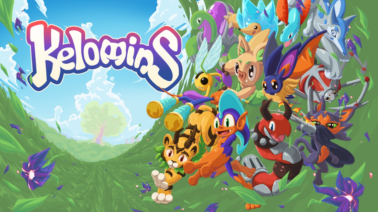 Kelomins key art: a crowd of creatures charging down a grassy forest path