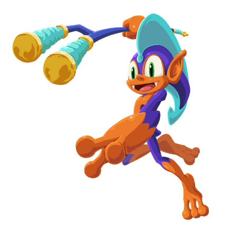 Ranape, an orange creature in a cyan cap swinging a pair of gold-tipped clubs