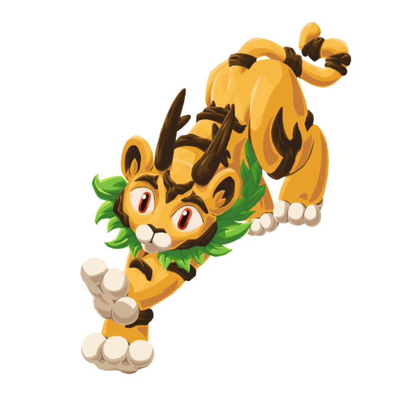 Toren, a golden big cat with a mane of green leaves, crouching